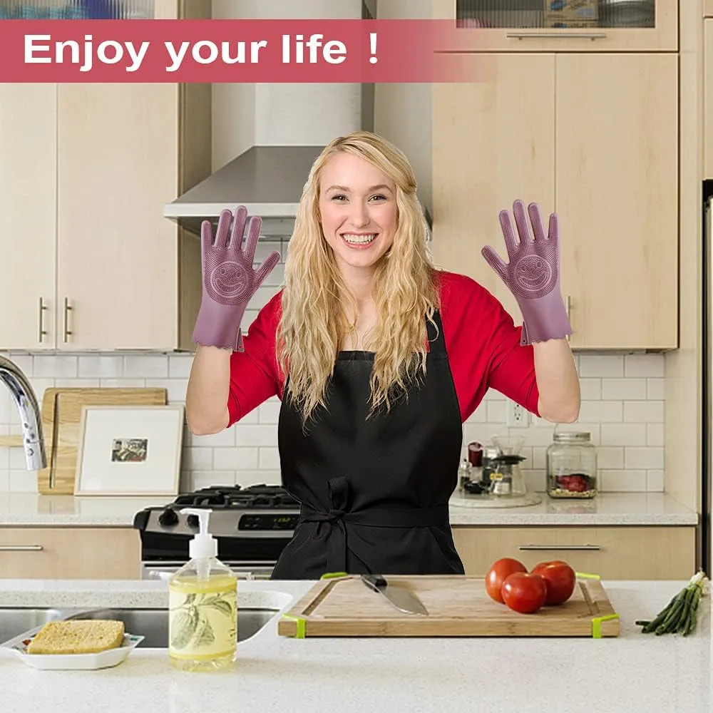 0714 Reusable Silicone Cleaning Brush Scrubber Gloves (Multicolor)