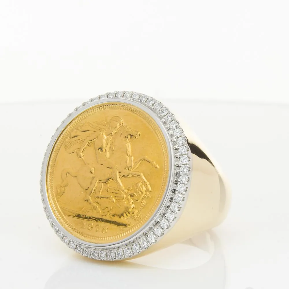 14ct Yellow Gold Sovereign & Diamond Halo Ring