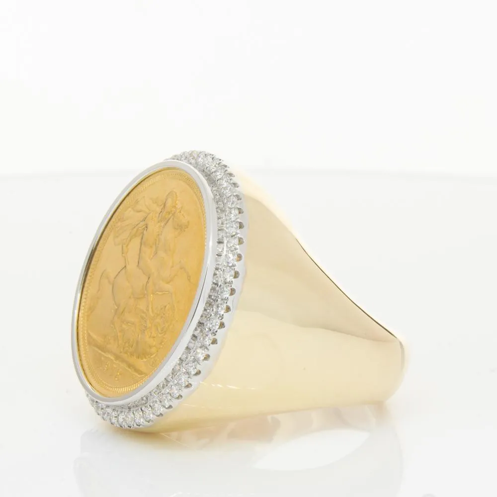 14ct Yellow Gold Sovereign & Diamond Halo Ring
