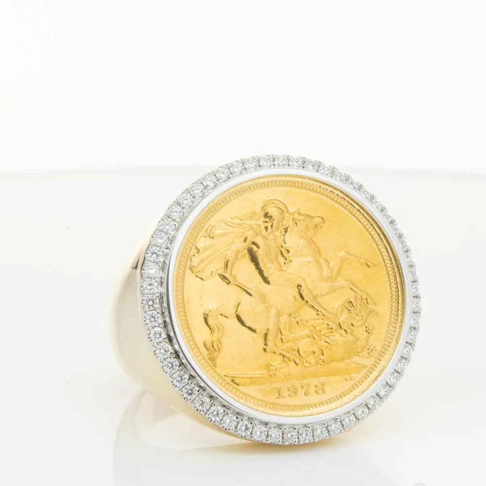 14ct Yellow Gold Sovereign & Diamond Halo Ring