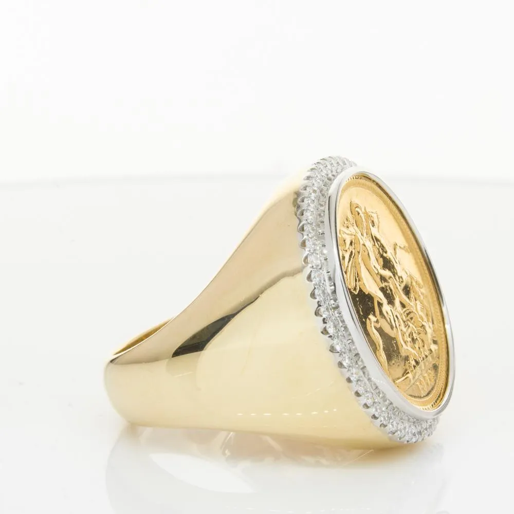 14ct Yellow Gold Sovereign & Diamond Halo Ring