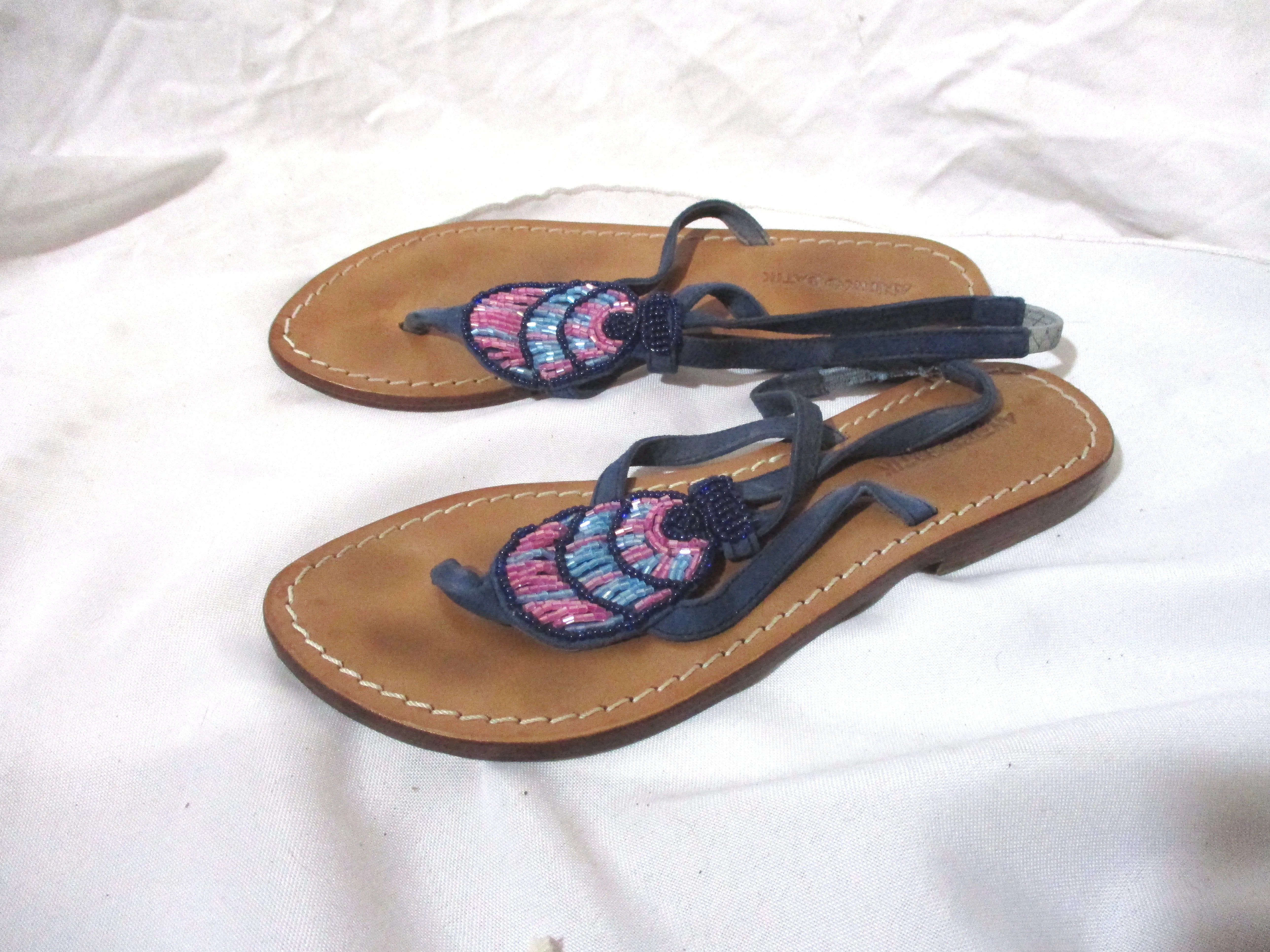 ANTIK BATIK SANDAL SHOE BEADED String Slingback LEATHER 36 Thong BLUE PINK