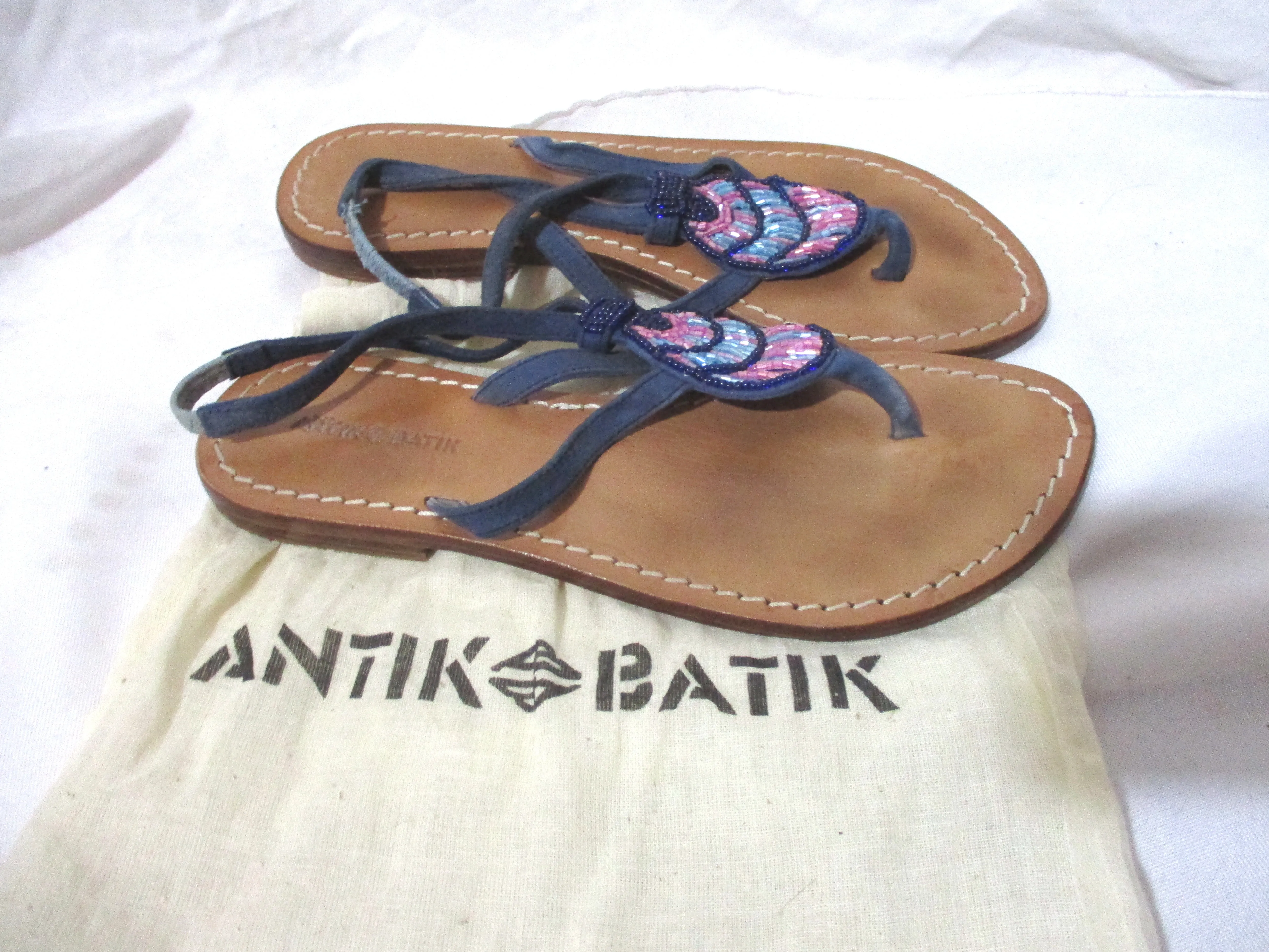 ANTIK BATIK SANDAL SHOE BEADED String Slingback LEATHER 36 Thong BLUE PINK