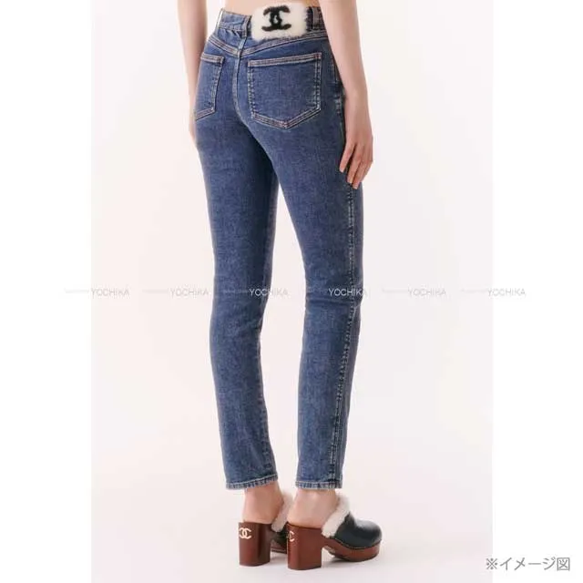 CHANEL Denim Pants Jeans Stretch COCO Mark Boa Rhinestone Button #34 Blue Cotton 98%/Polyurethane 2% P74543[BRAND NEW][Authentic]