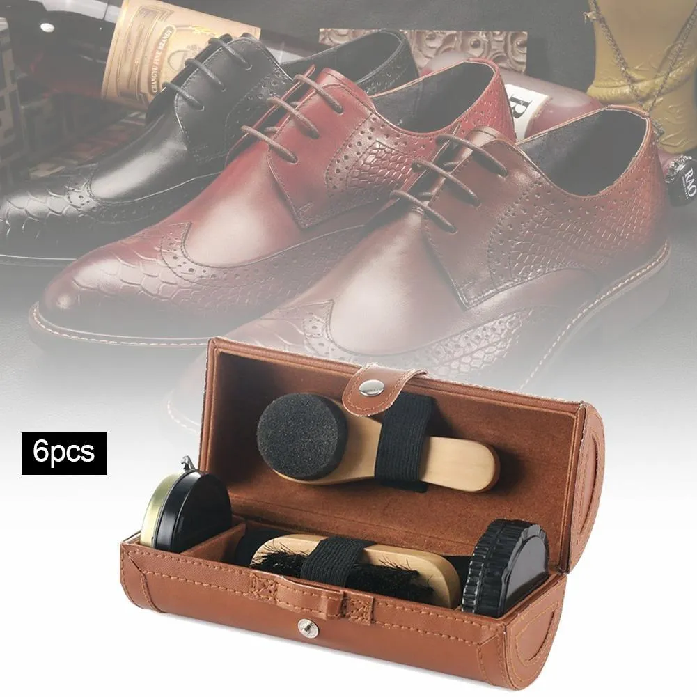 Elegant Leather Portable Shoe Care &Polish Kit 6 Pcs