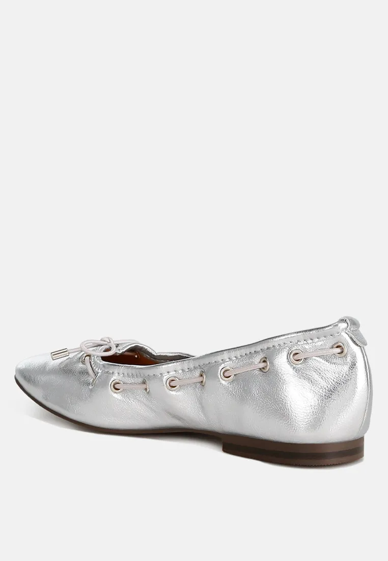 Metallic Eyelet Detail Bow Ballerinas By Ruw