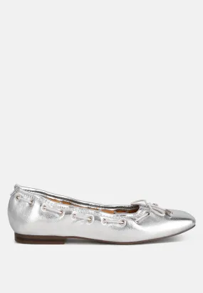 Metallic Eyelet Detail Bow Ballerinas By Ruw