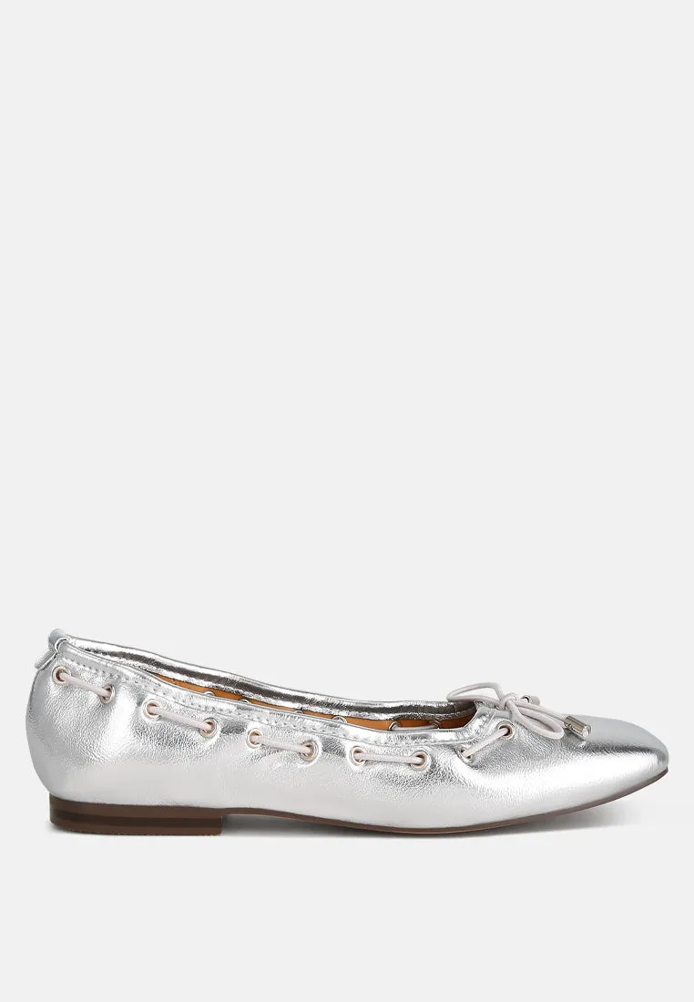 Metallic Eyelet Detail Bow Ballerinas By Ruw