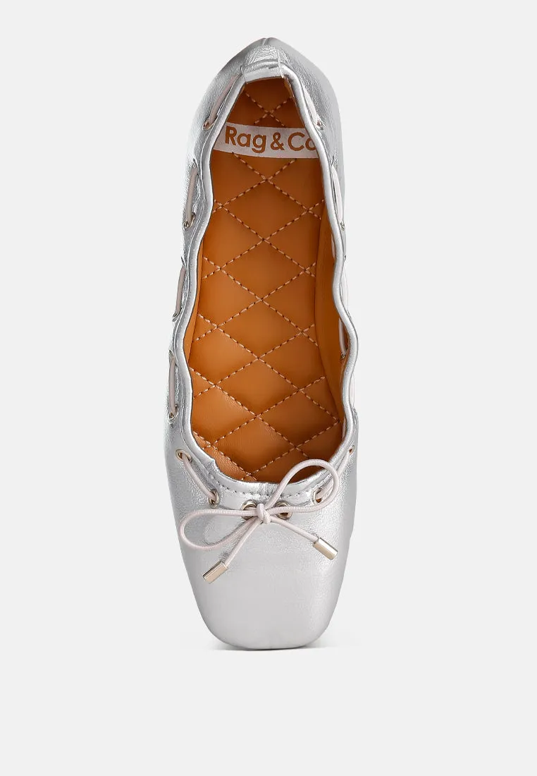 Metallic Eyelet Detail Bow Ballerinas By Ruw
