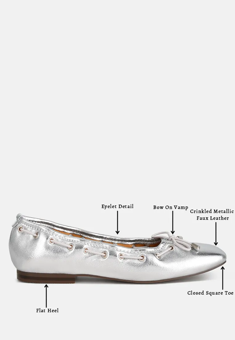 Metallic Eyelet Detail Bow Ballerinas By Ruw
