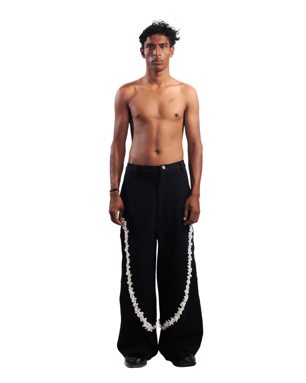 "PEARLS OF SUMMER" EMBROIDERED DENIM TROUSERS