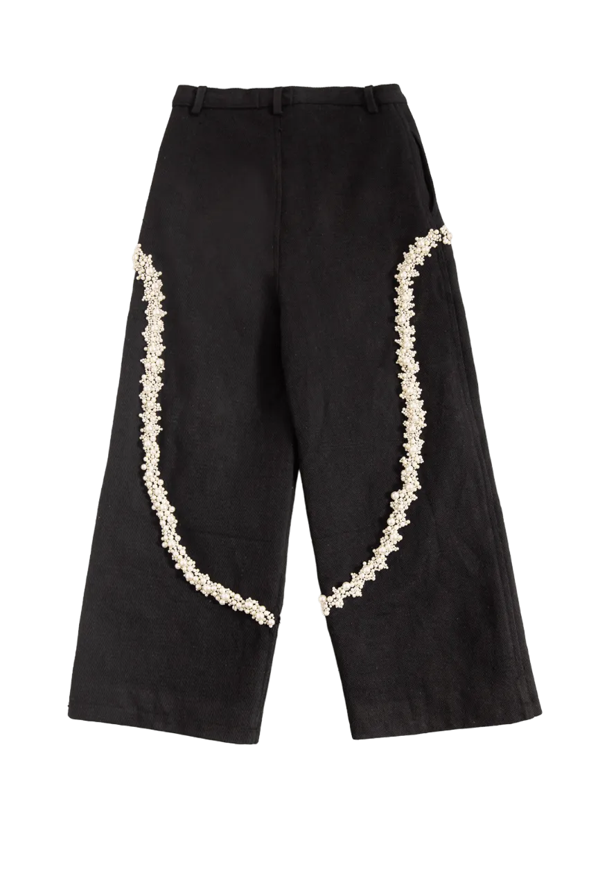 "PEARLS OF SUMMER" EMBROIDERED DENIM TROUSERS