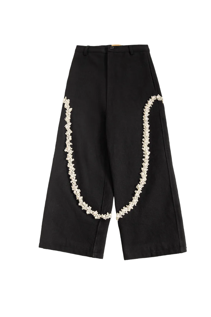 "PEARLS OF SUMMER" EMBROIDERED DENIM TROUSERS
