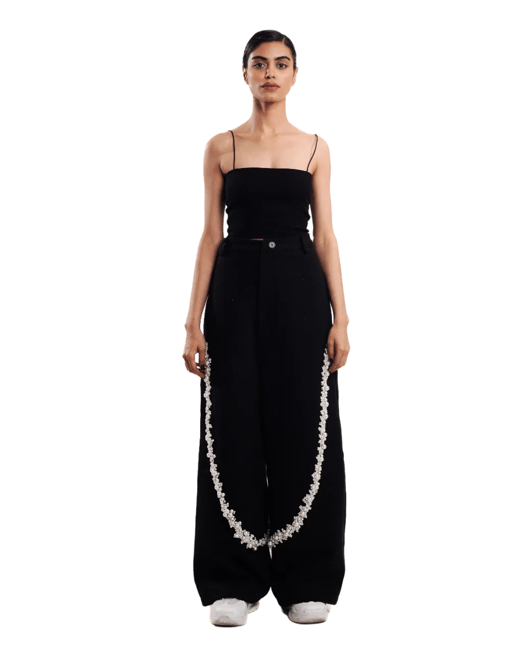 "PEARLS OF SUMMER" EMBROIDERED DENIM TROUSERS