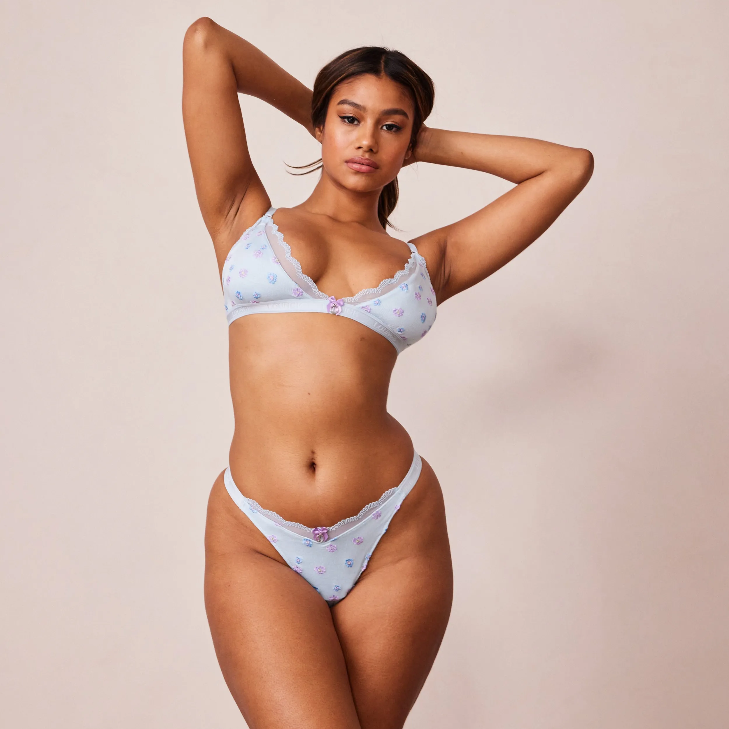 Ribbed Floral Triangle Bra  - Blue