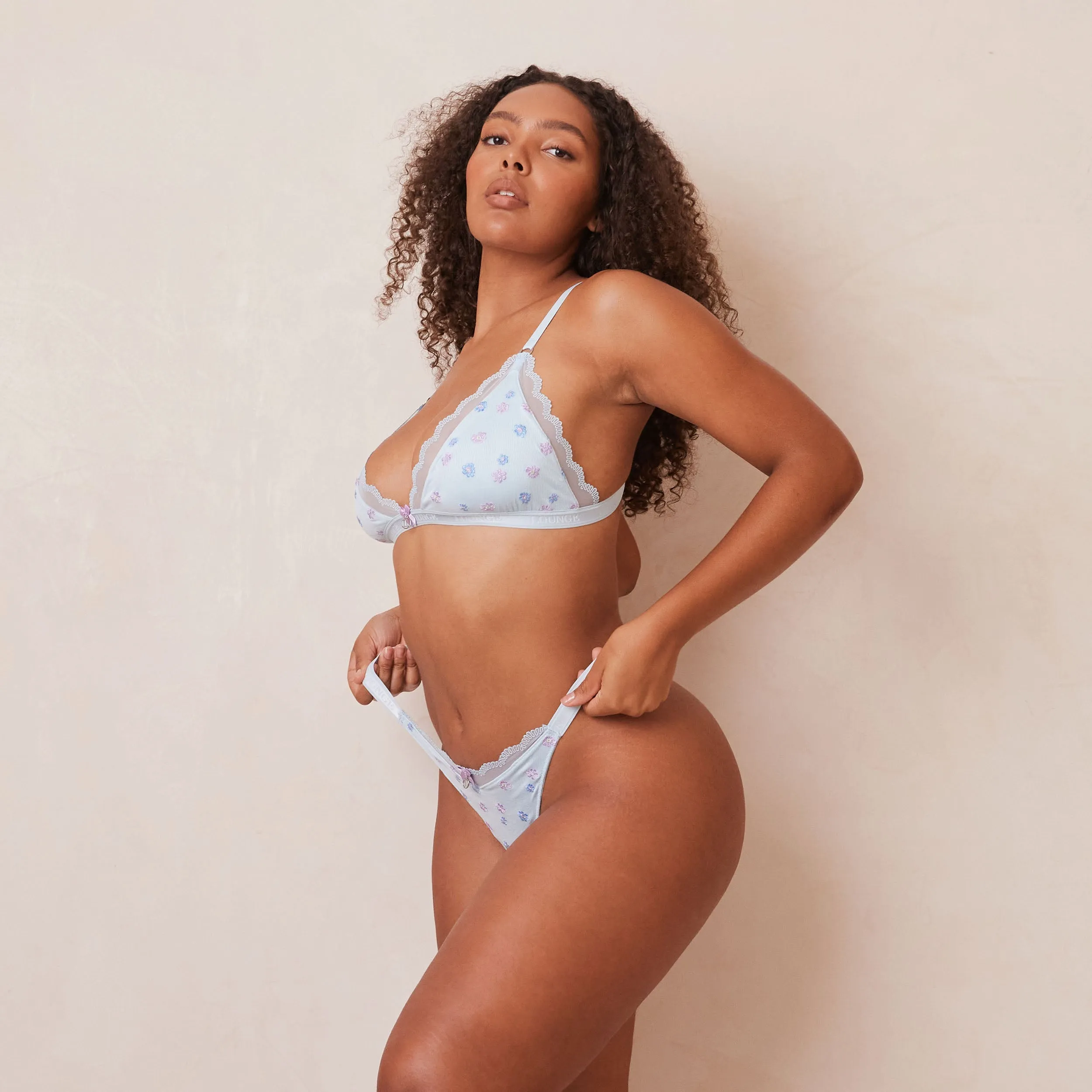 Ribbed Floral Triangle Bra  - Blue
