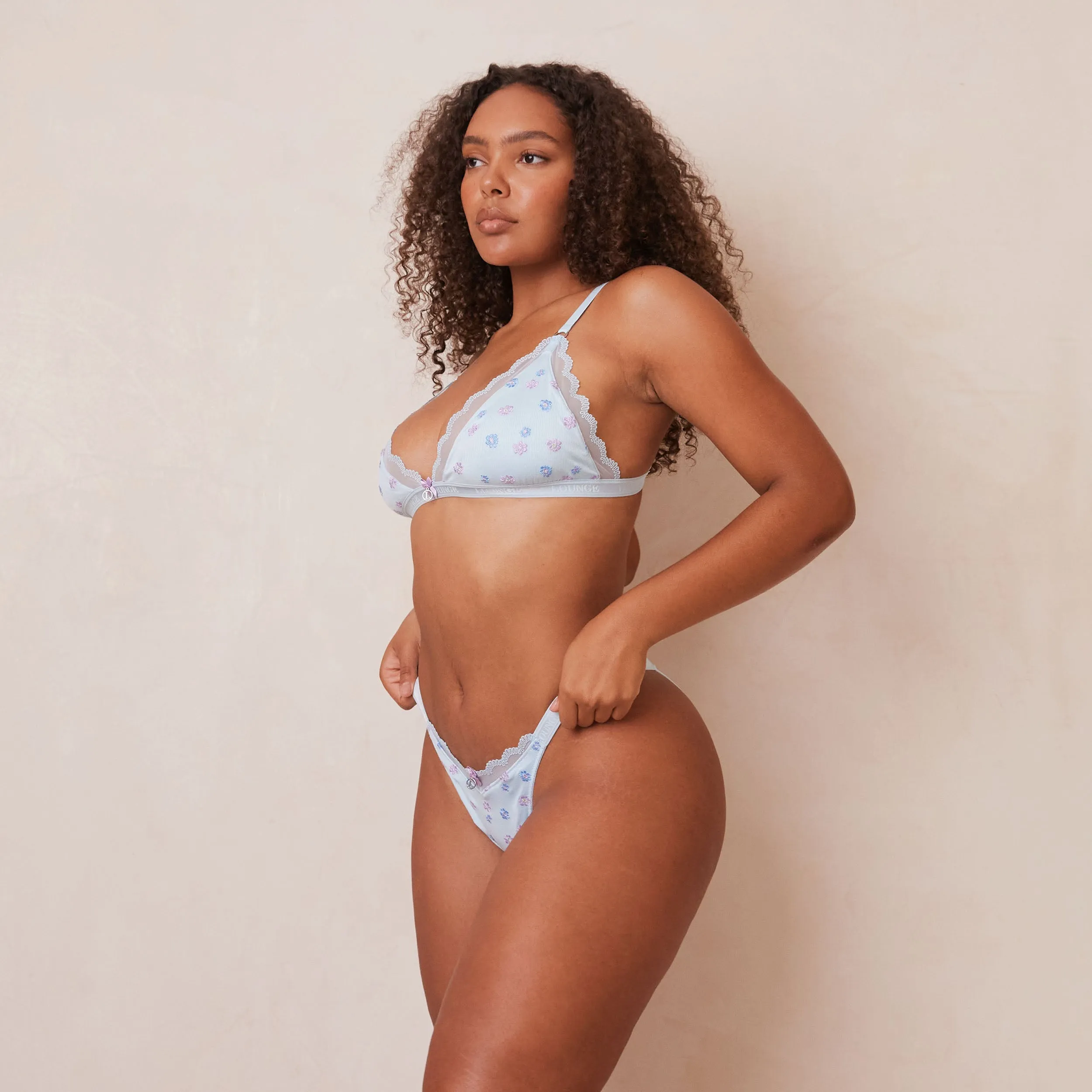 Ribbed Floral Triangle Bra  - Blue