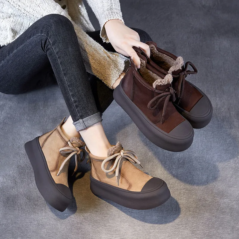 Women Retro Leather Winter Furred Ankle Boots
