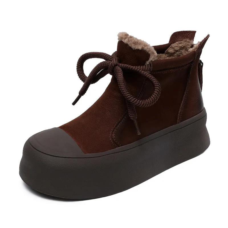 Women Retro Leather Winter Furred Ankle Boots