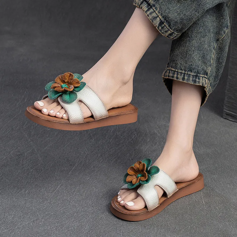 Women Summer Soft Leather Retro Slides